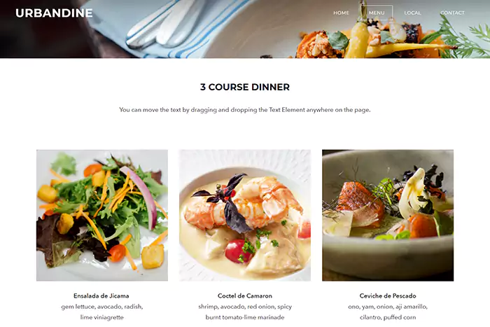 Online menu for restaurant website